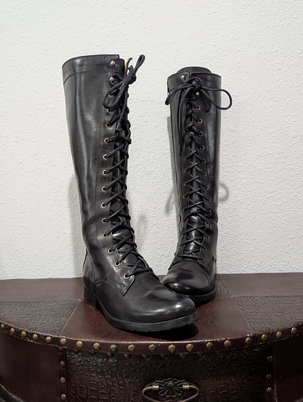 Frye Melissa Tall Black Italian Leather Lace Up Knee High Boot Size 7.5